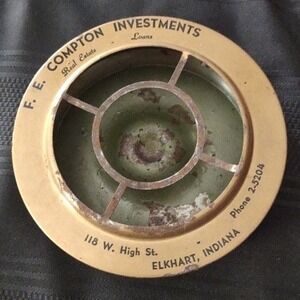 Vintage F. E. Compton Investments Elkhart Indiana Advertising Metal Ashtray